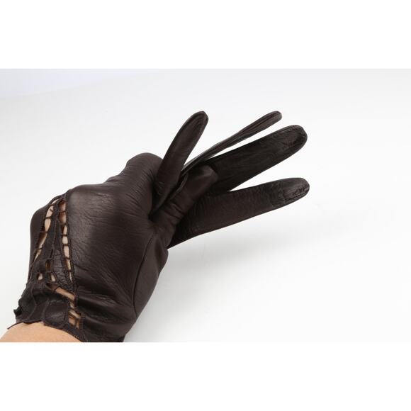 Brown Leather Gloves Crochet Detail Size 7.5 - Picture 8 of 8